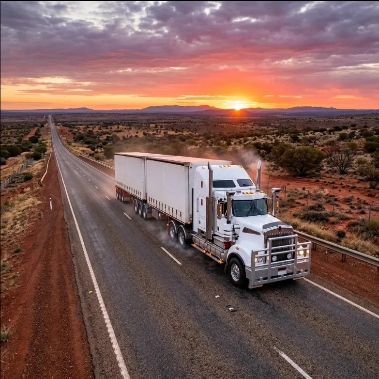 White prime mover hauling two curtain-side trailers on an outback road at sunset